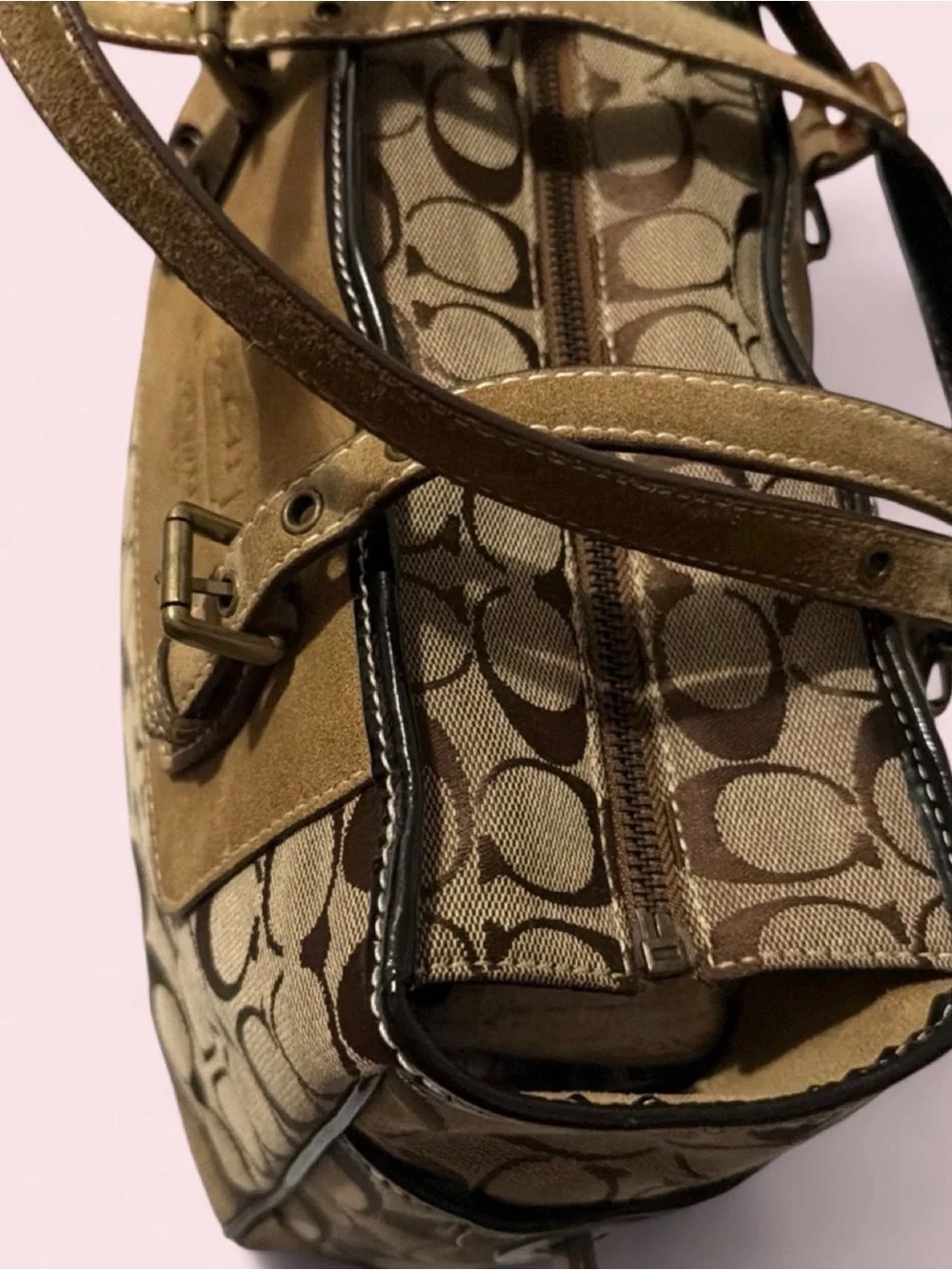Coach Tan and Brown Signature Canvas Tote with Suede Trim